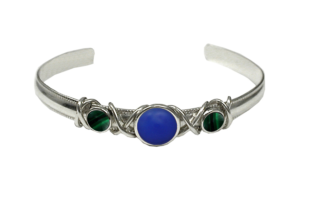 Sterling Silver Hand Made Cuff Bracelet With Blue Onyx And Malachite